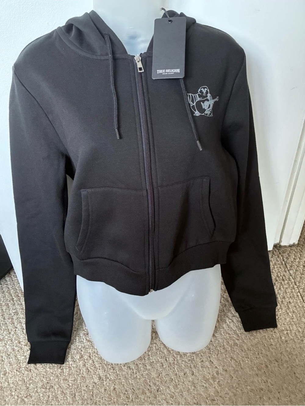 True Religion Black Cropped Zip Hoodie with Guitar Logo